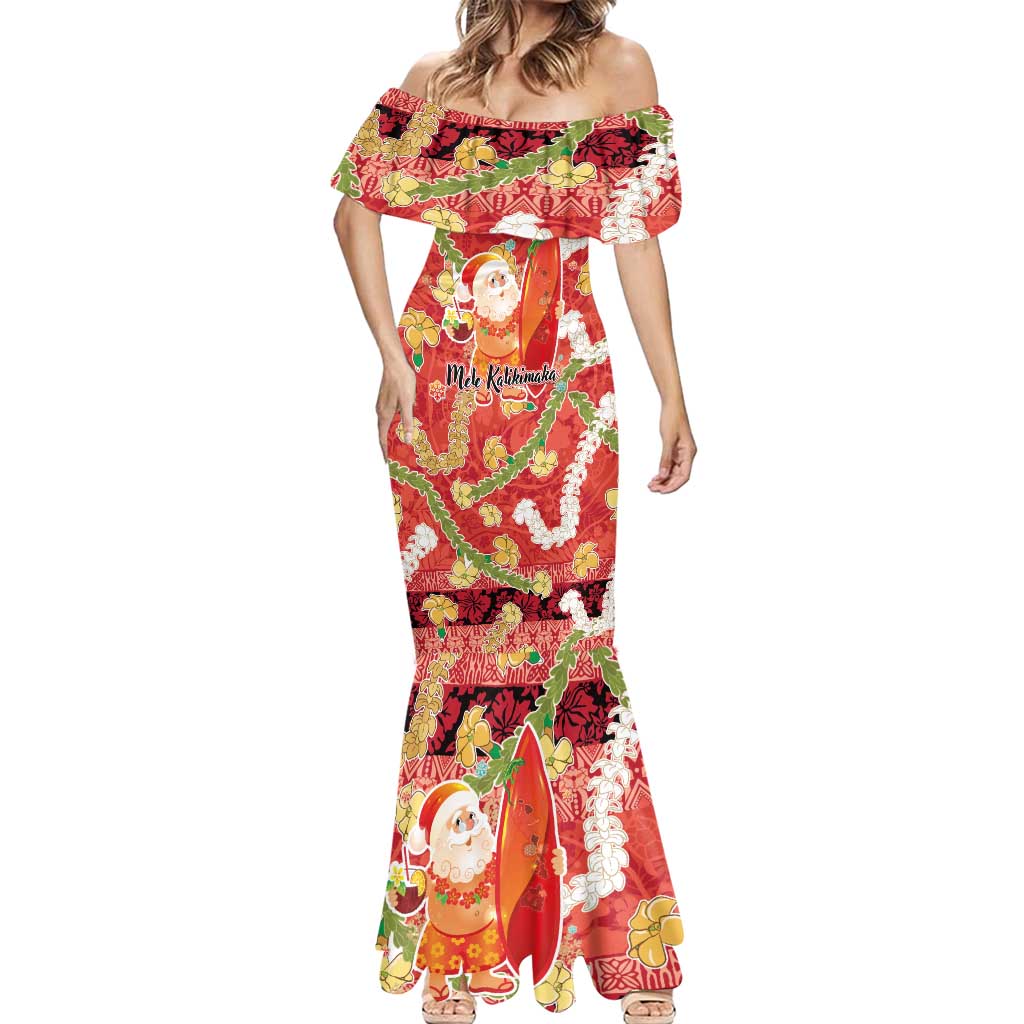 Hawaii Santa Mele Kalikimaka Mermaid Dress Tropical Puakenikeni Lei with Polynesian Tribal Pattern - Polynesian Pride