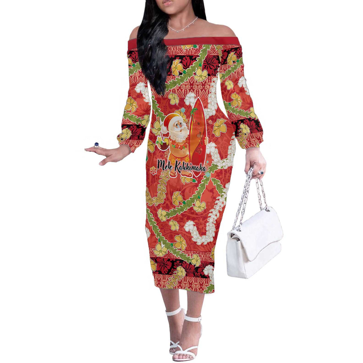 Hawaii Santa Mele Kalikimaka Off The Shoulder Long Sleeve Dress Tropical Puakenikeni Lei with Polynesian Tribal Pattern - Polynesian Pride