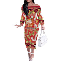 Hawaii Santa Mele Kalikimaka Off The Shoulder Long Sleeve Dress Tropical Puakenikeni Lei with Polynesian Tribal Pattern - Polynesian Pride