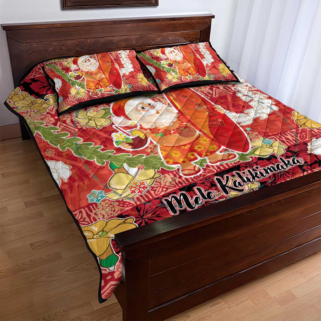 Hawaii Santa Mele Kalikimaka Quilt Bed Set Tropical Puakenikeni Lei with Polynesian Tribal Pattern - Polynesian Pride