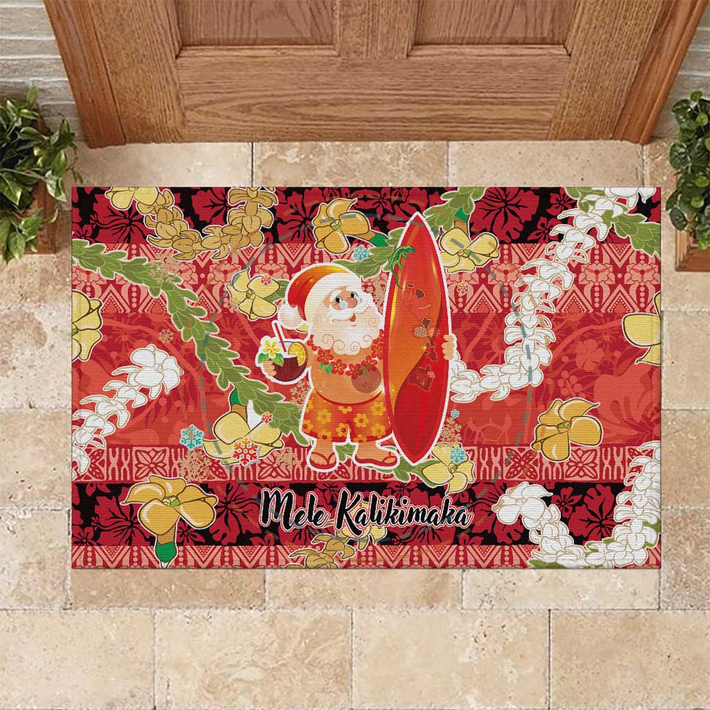 Hawaii Santa Mele Kalikimaka Rubber Doormat Tropical Puakenikeni Lei with Polynesian Tribal Pattern - Polynesian Pride