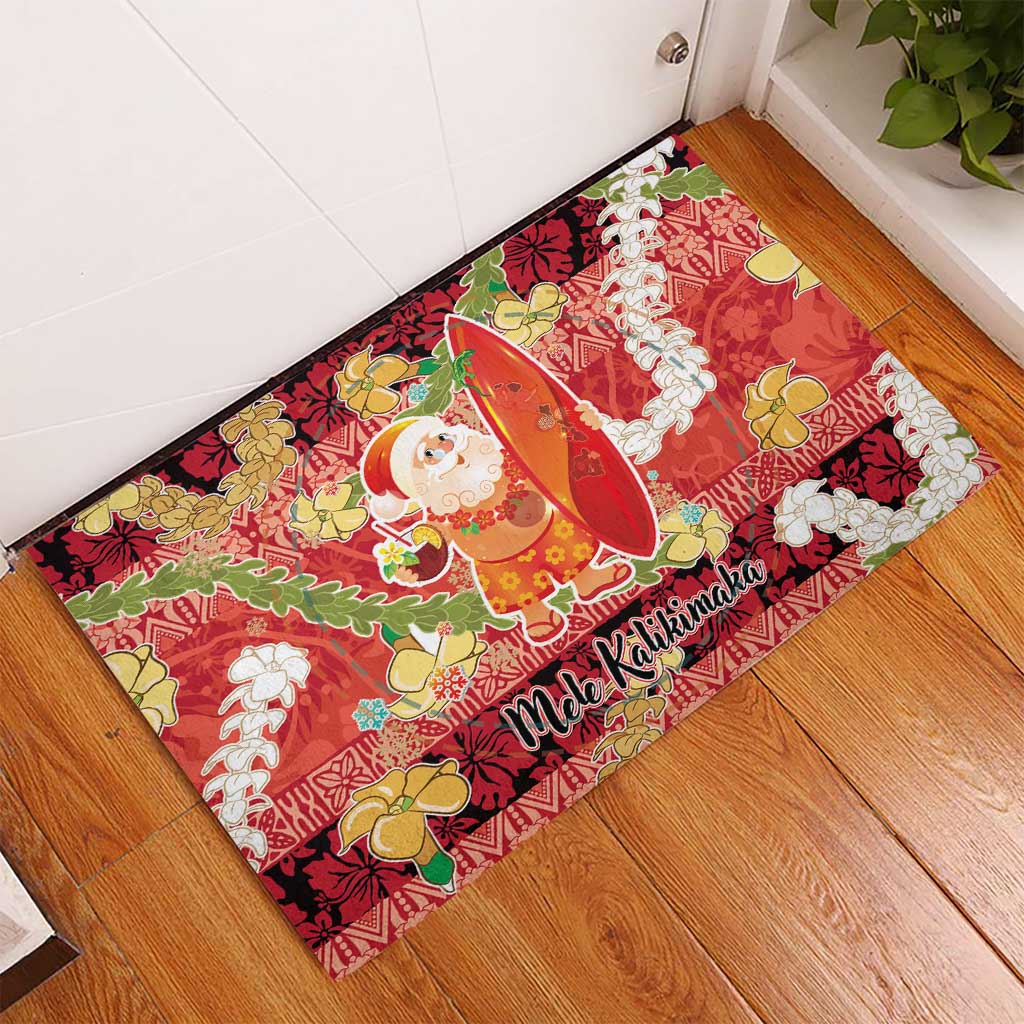 Hawaii Santa Mele Kalikimaka Rubber Doormat Tropical Puakenikeni Lei with Polynesian Tribal Pattern - Polynesian Pride