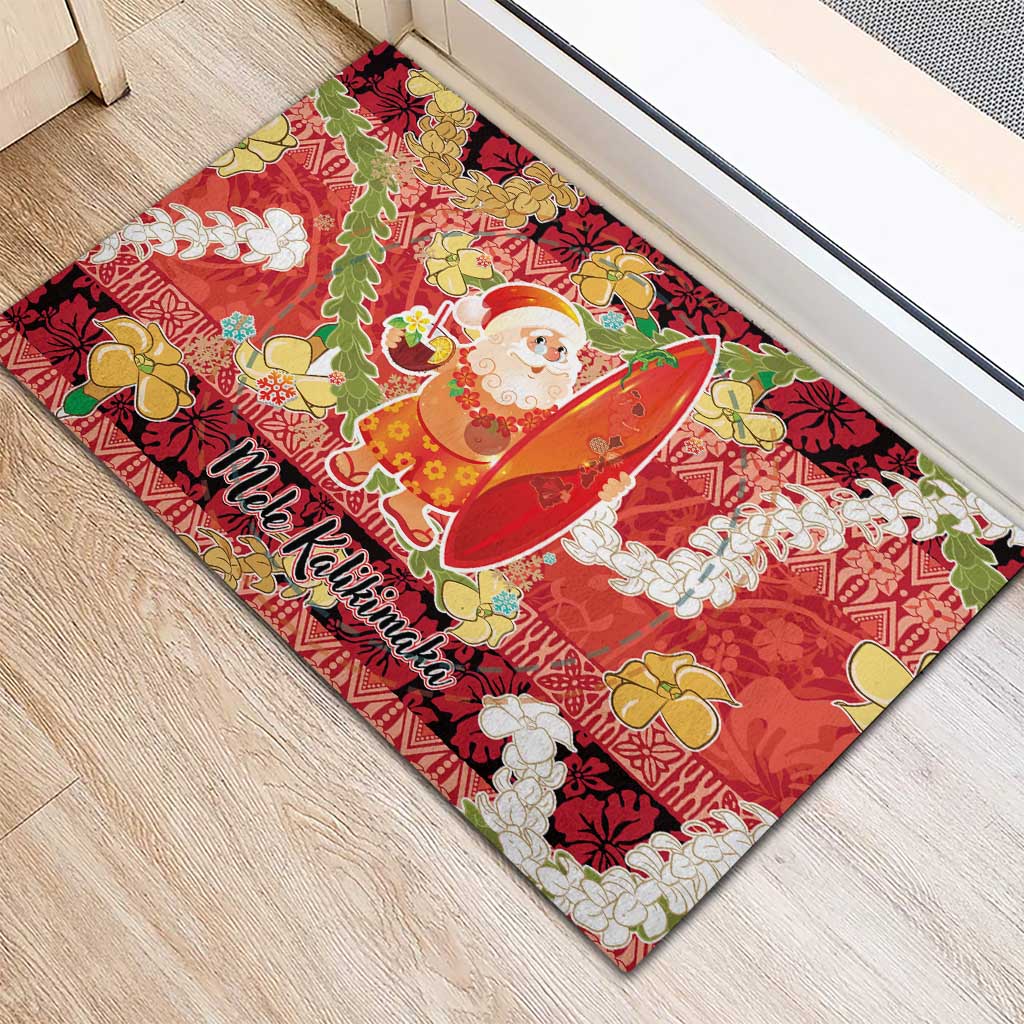 Hawaii Santa Mele Kalikimaka Rubber Doormat Tropical Puakenikeni Lei with Polynesian Tribal Pattern - Polynesian Pride