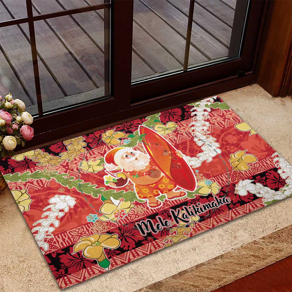 Hawaii Santa Mele Kalikimaka Rubber Doormat Tropical Puakenikeni Lei with Polynesian Tribal Pattern - Polynesian Pride