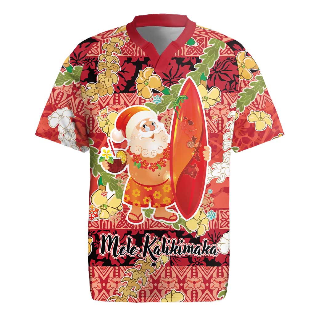 Hawaii Santa Mele Kalikimaka Rugby Jersey Tropical Puakenikeni Lei with Polynesian Tribal Pattern - Polynesian Pride