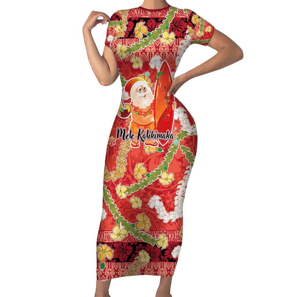 Hawaii Santa Mele Kalikimaka Short Sleeve Bodycon Dress Tropical Puakenikeni Lei with Polynesian Tribal Pattern - Polynesian Pride