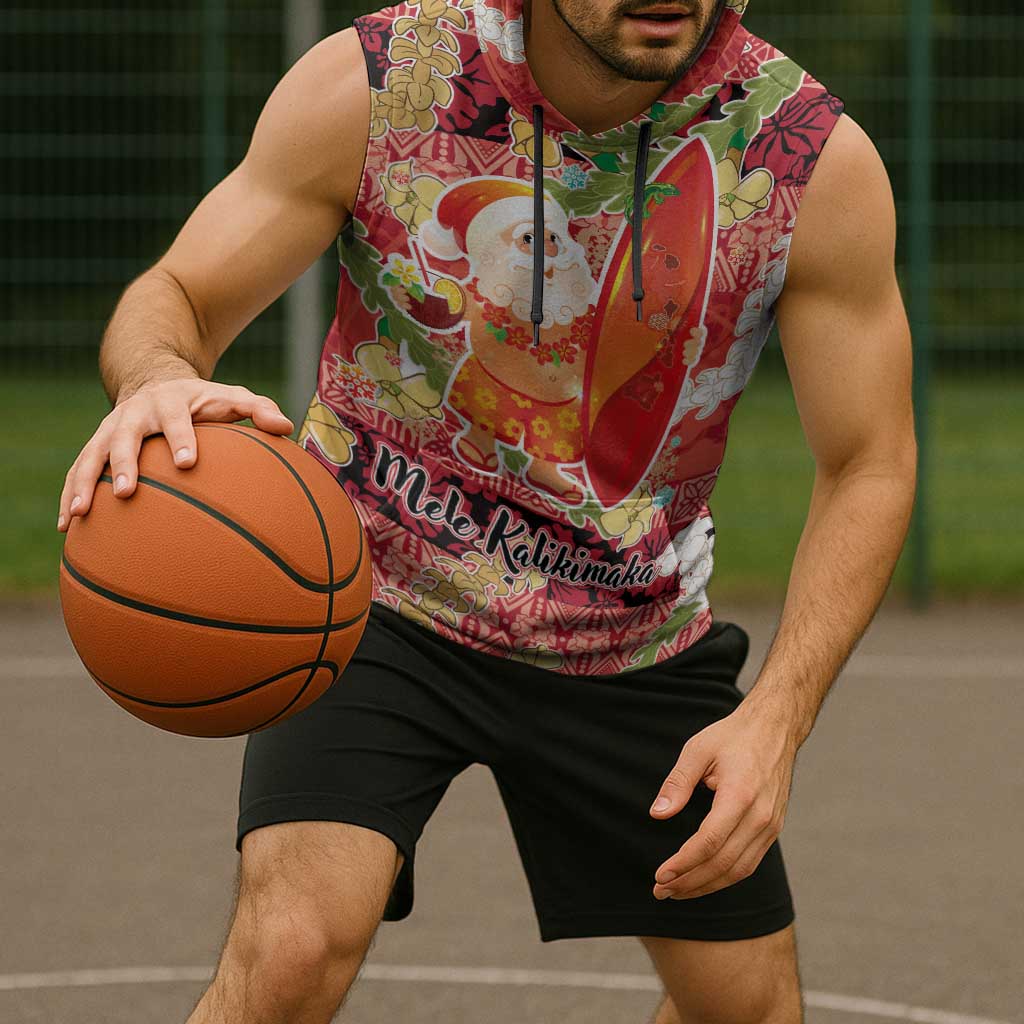 Hawaii Santa Mele Kalikimaka Sleeveless Hoodie Tropical Puakenikeni Lei with Polynesian Tribal Pattern - Polynesian Pride