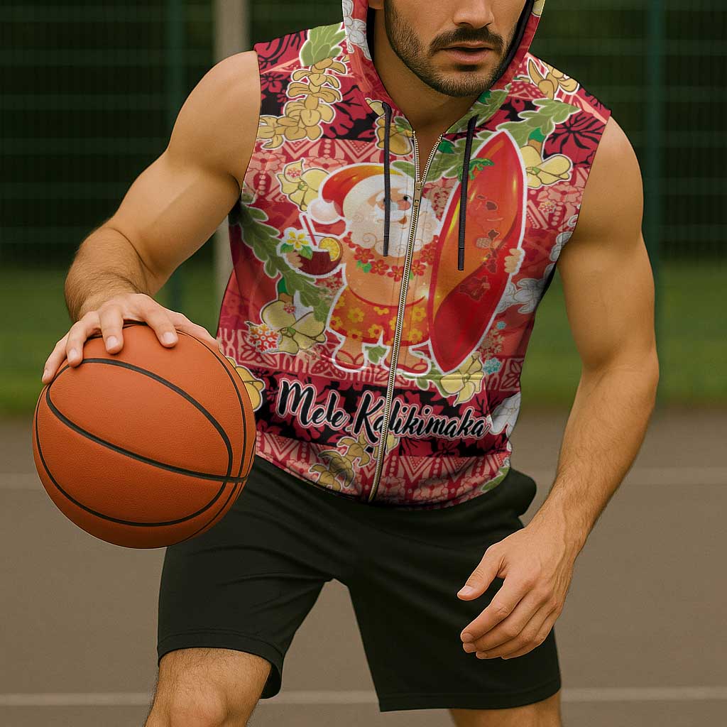 Hawaii Santa Mele Kalikimaka Sleeveless Zip Hoodie Tropical Puakenikeni Lei with Polynesian Tribal Pattern - Polynesian Pride
