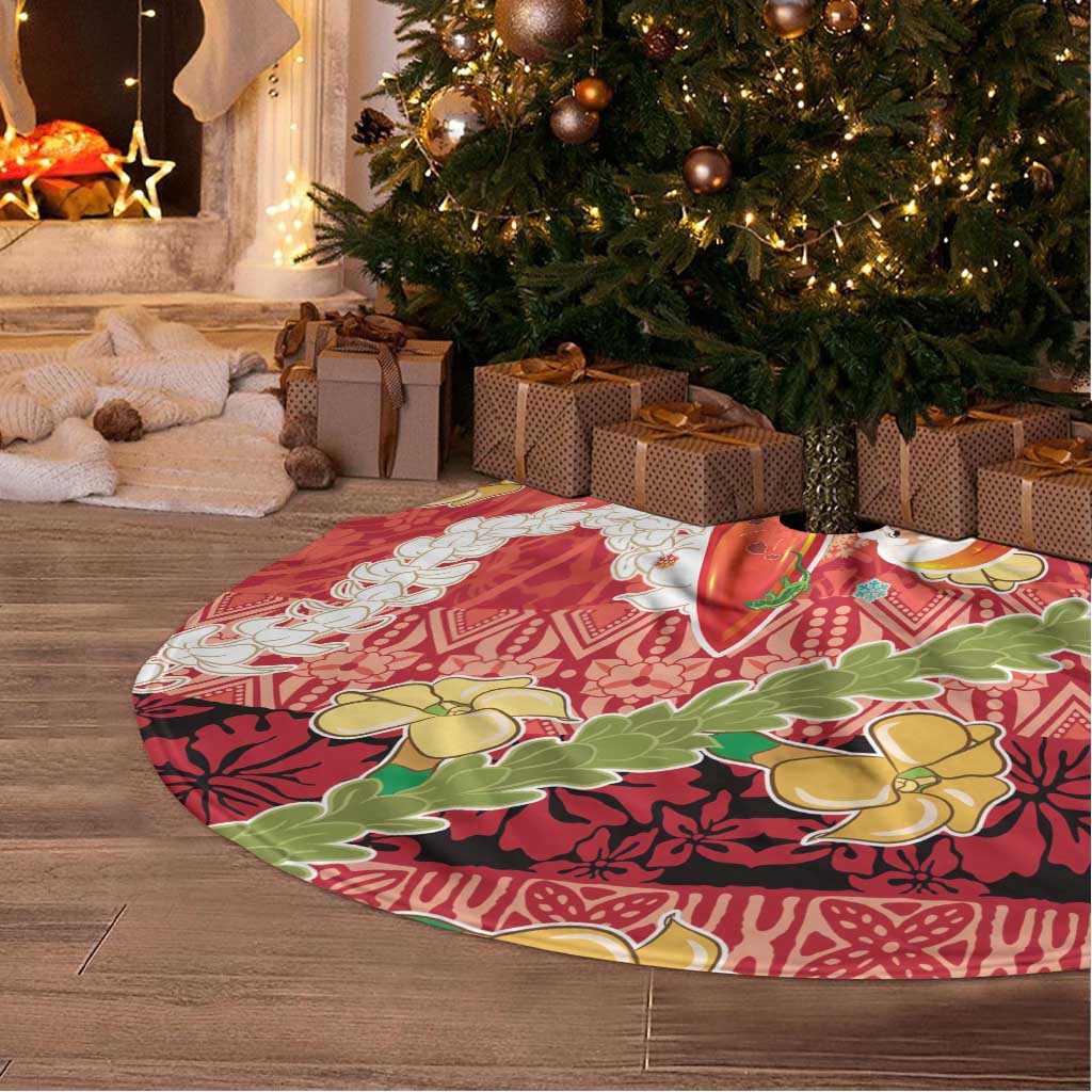 Hawaii Santa Mele Kalikimaka Tree Skirt Tropical Puakenikeni Lei with Polynesian Tribal Pattern - Polynesian Pride