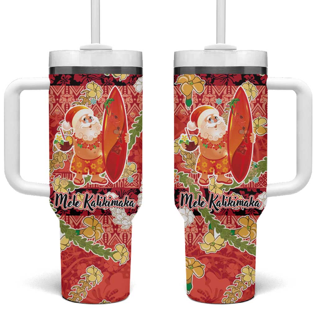 Hawaii Santa Mele Kalikimaka Tumbler With Handle Tropical Puakenikeni Lei with Polynesian Tribal Pattern - Polynesian Pride