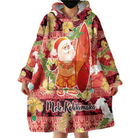 Hawaii Santa Mele Kalikimaka Wearable Blanket Hoodie Tropical Puakenikeni Lei with Polynesian Tribal Pattern - Polynesian Pride