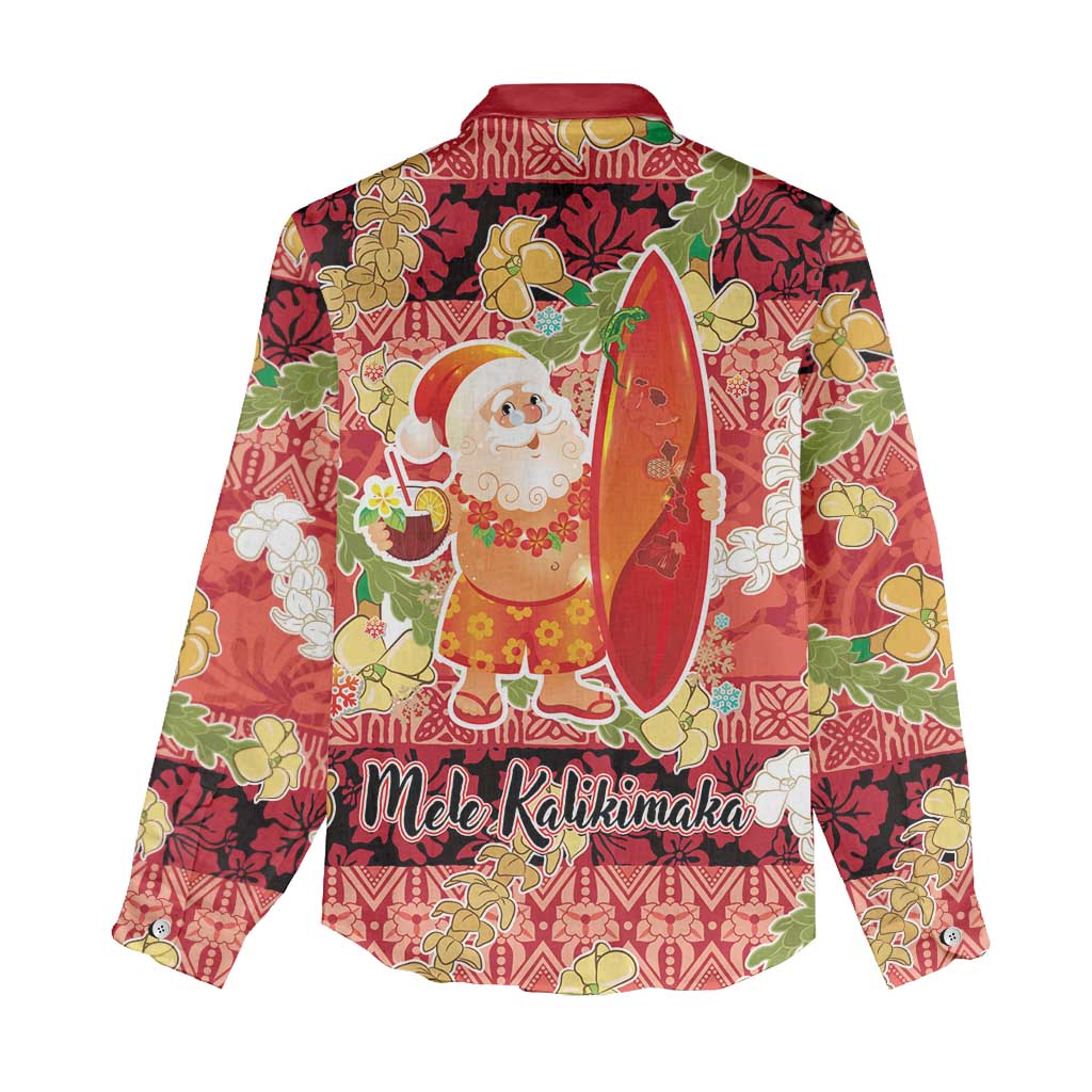 Hawaii Santa Mele Kalikimaka Women Casual Shirt Tropical Puakenikeni Lei with Polynesian Tribal Pattern - Polynesian Pride