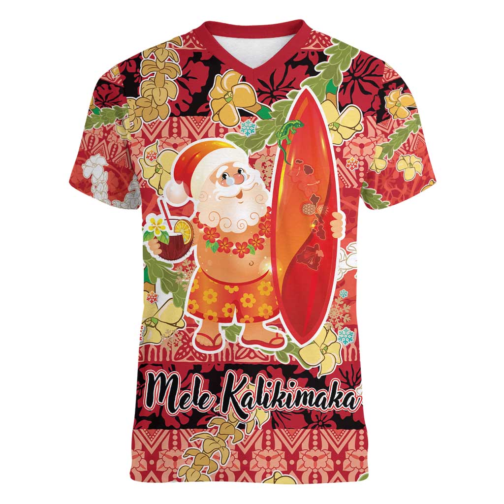 Hawaii Santa Mele Kalikimaka Women V-Neck T-Shirt Tropical Puakenikeni Lei with Polynesian Tribal Pattern - Polynesian Pride