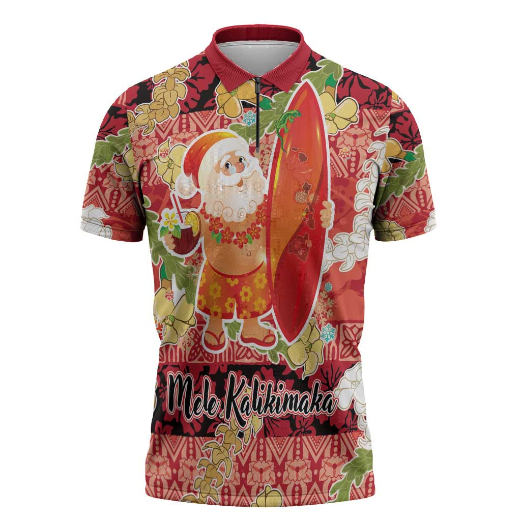 Hawaii Santa Mele Kalikimaka Zipper Polo Shirt Tropical Puakenikeni Lei with Polynesian Tribal Pattern - Polynesian Pride