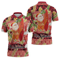 Hawaii Santa Mele Kalikimaka Zipper Polo Shirt Tropical Puakenikeni Lei with Polynesian Tribal Pattern - Polynesian Pride