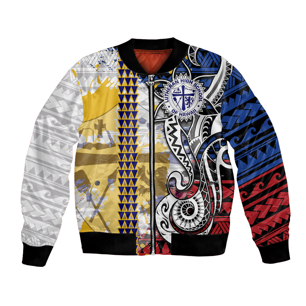Hawaii Lutheran High School Bomber Jacket Kakau Pattern Splash Style LT03 Unisex Red - Polynesian Pride