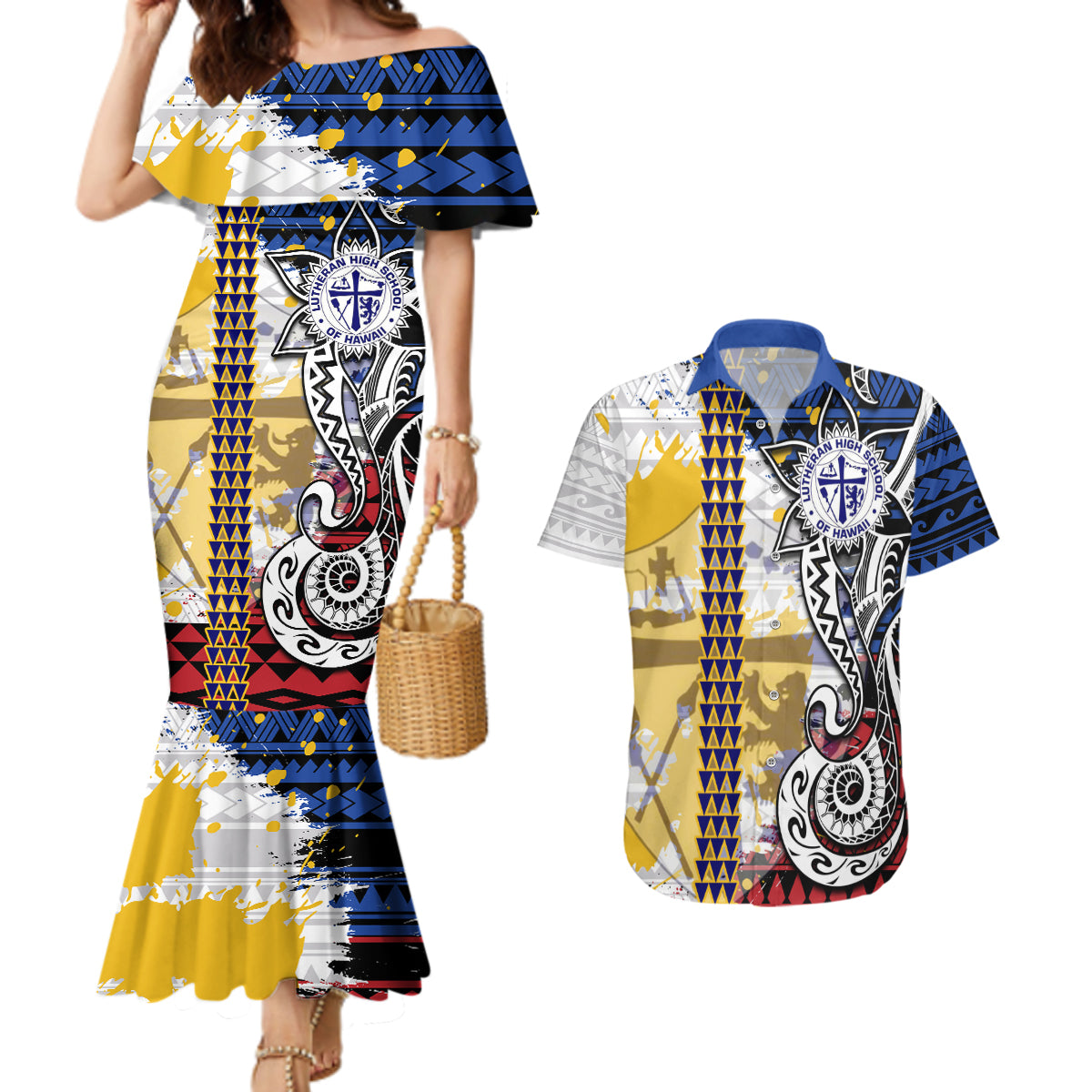Hawaii Lutheran High School Couples Matching Mermaid Dress and Hawaiian Shirt Kakau Pattern Splash Style LT03 Red - Polynesian Pride