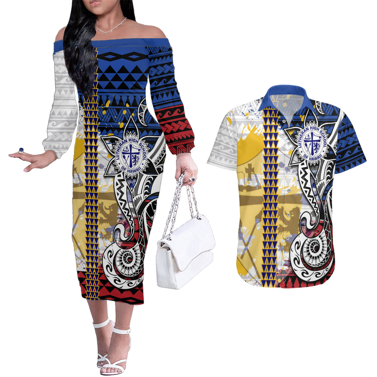 Hawaii Lutheran High School Couples Matching Off The Shoulder Long Sleeve Dress and Hawaiian Shirt Kakau Pattern Splash Style LT03 Red - Polynesian Pride