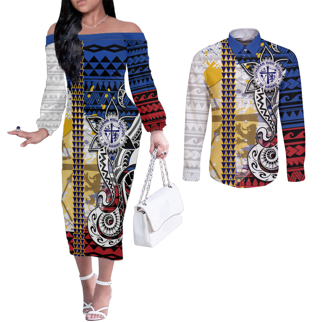Hawaii Lutheran High School Couples Matching Off The Shoulder Long Sleeve Dress and Long Sleeve Button Shirt Kakau Pattern Splash Style LT03 Red - Polynesian Pride