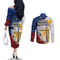 Hawaii Lutheran High School Couples Matching Off The Shoulder Long Sleeve Dress and Long Sleeve Button Shirt Kakau Pattern Splash Style LT03 - Polynesian Pride
