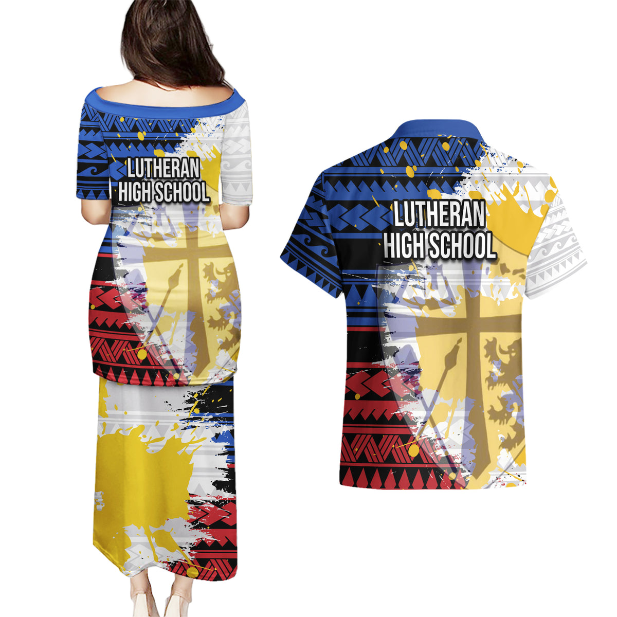 Hawaii Lutheran High School Couples Matching Puletasi Dress and Hawaiian Shirt Kakau Pattern Splash Style LT03 - Polynesian Pride