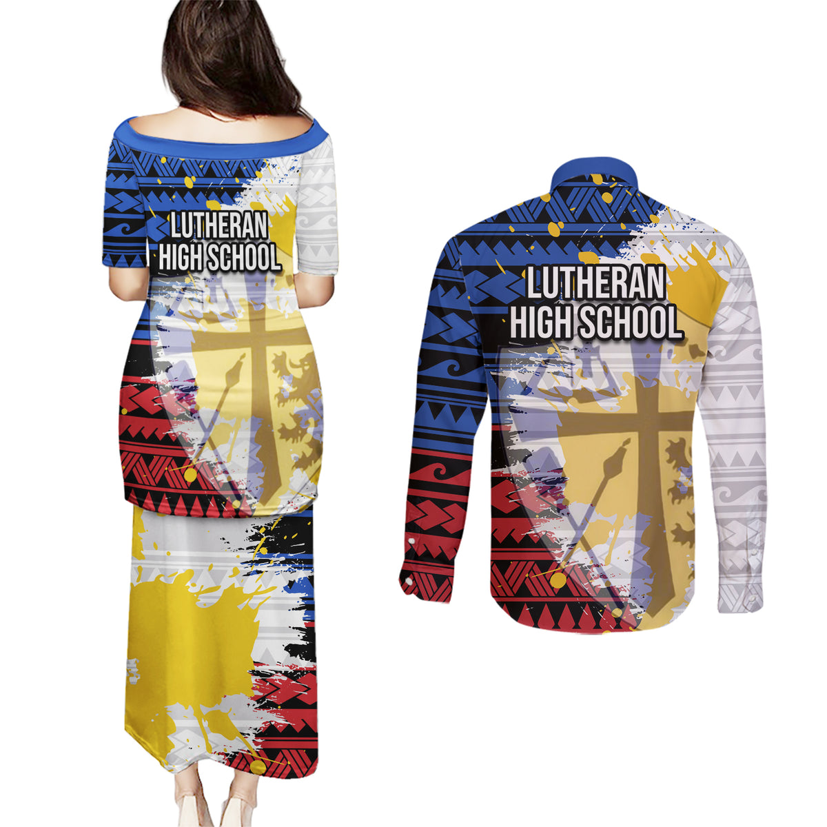 Hawaii Lutheran High School Couples Matching Puletasi Dress and Long Sleeve Button Shirt Kakau Pattern Splash Style LT03 - Polynesian Pride