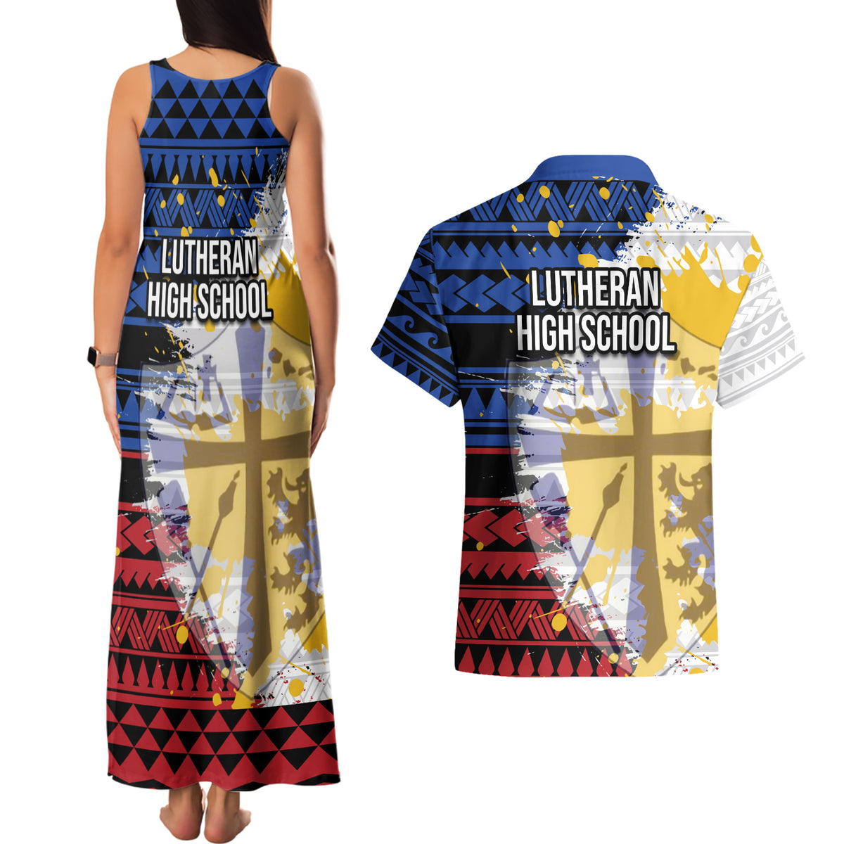 Hawaii Lutheran High School Couples Matching Tank Maxi Dress and Hawaiian Shirt Kakau Pattern Splash Style LT03 - Polynesian Pride
