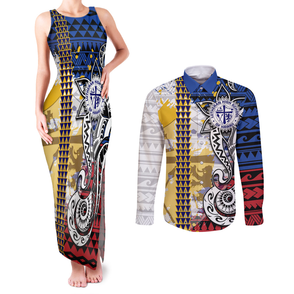 Hawaii Lutheran High School Couples Matching Tank Maxi Dress and Long Sleeve Button Shirt Kakau Pattern Splash Style LT03 Red - Polynesian Pride