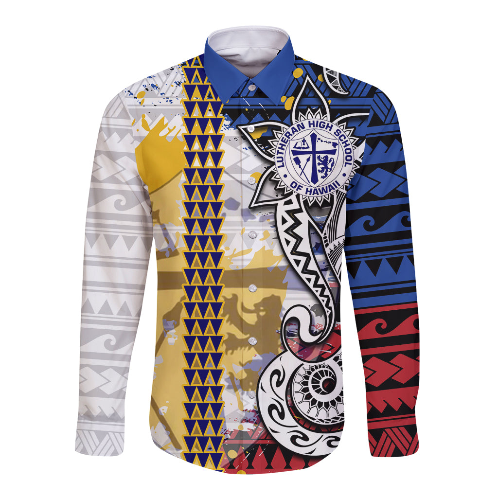 Hawaii Lutheran High School Long Sleeve Button Shirt Kakau Pattern Splash Style LT03 Unisex Red - Polynesian Pride