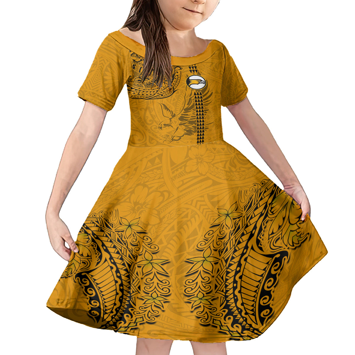 Nanakuli High and Intermediate School Family Matching Off Shoulder Long Sleeve Dress and Hawaiian Shirt Tribal Kakau Pattern LT03 Daughter's Dress Yellow - Polynesian Pride