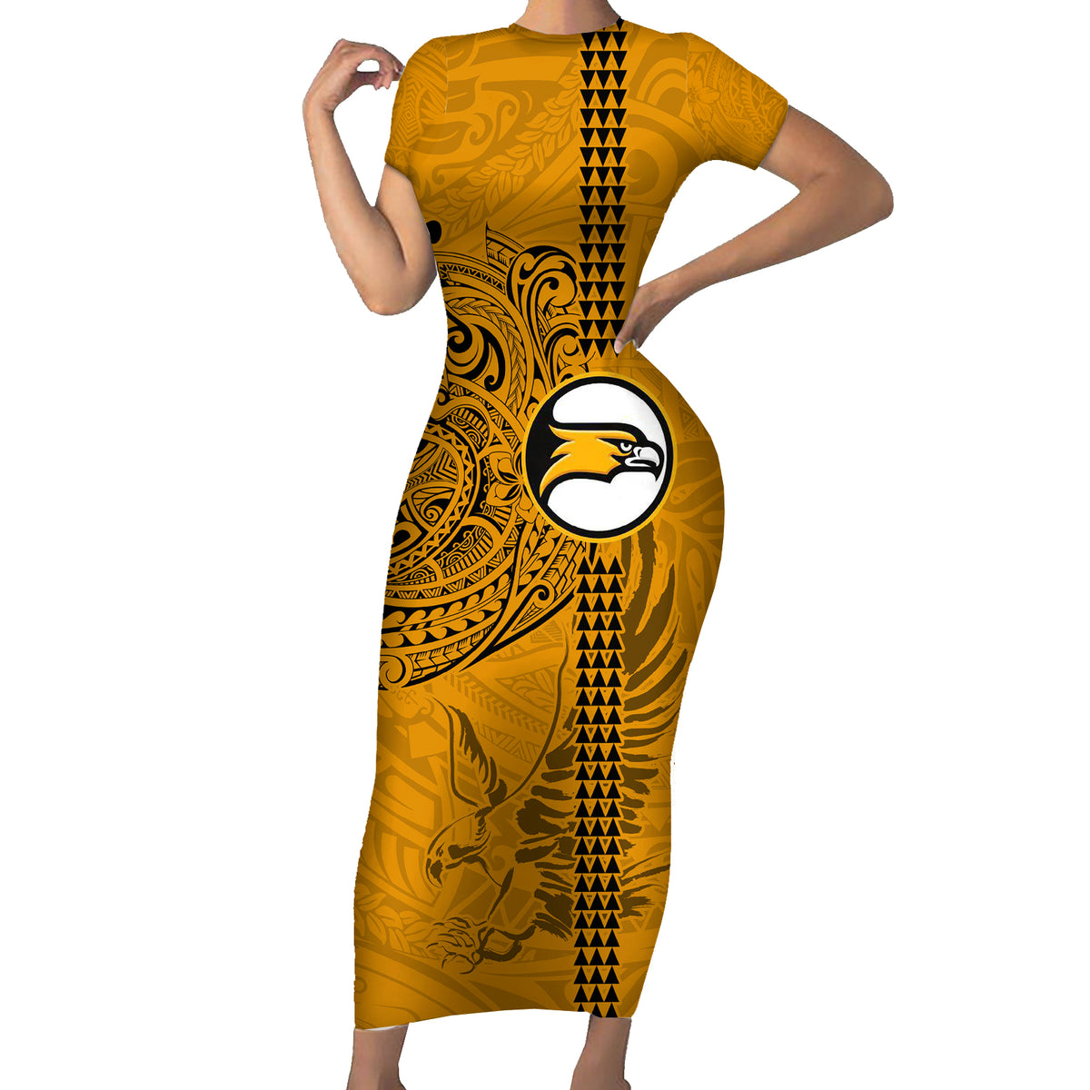 Nanakuli High and Intermediate School Family Matching Short Sleeve Bodycon Dress and Hawaiian Shirt Tribal Kakau Pattern LT03 Mom's Dress Yellow - Polynesian Pride