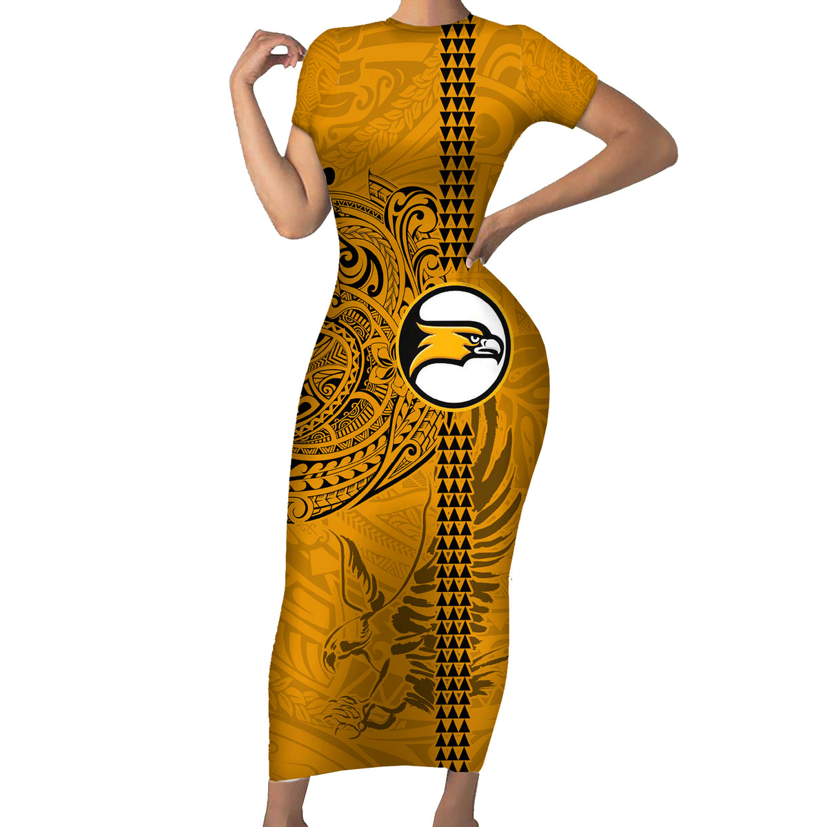 Nanakuli High and Intermediate School Short Sleeve Bodycon Dress Tribal Kakau Pattern LT03 Long Dress Yellow - Polynesian Pride