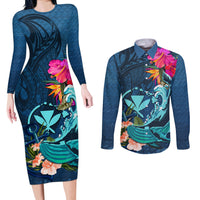 Hawaii Couples Matching Long Sleeve Bodycon Dress and Long Sleeve Button Shirt Whale Mix Hibiscus and Kanaka Maoli Blue Version LT03 Blue - Polynesian Pride
