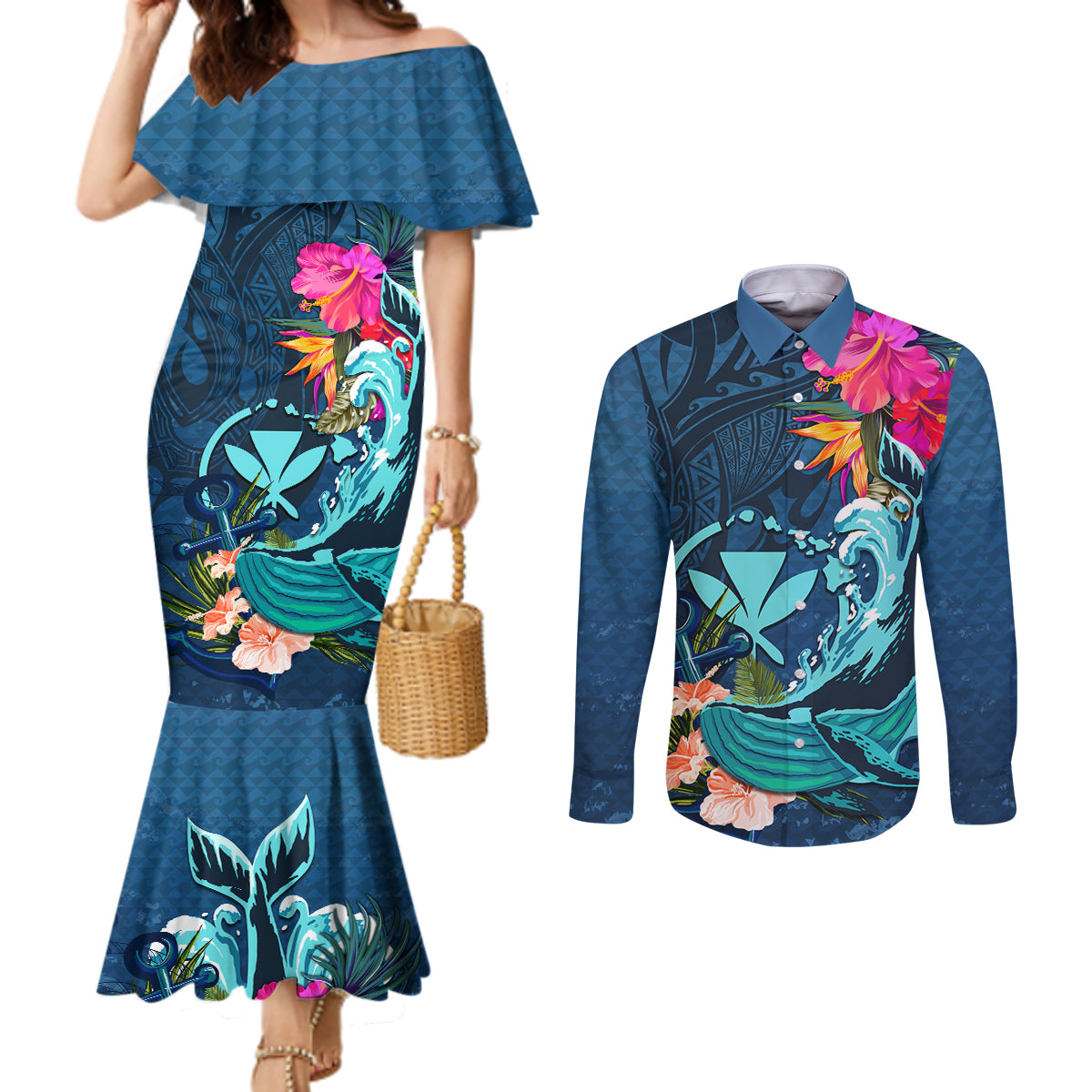 Hawaii Couples Matching Mermaid Dress and Long Sleeve Button Shirt Whale Mix Hibiscus and Kanaka Maoli Blue Version LT03 Blue - Polynesian Pride
