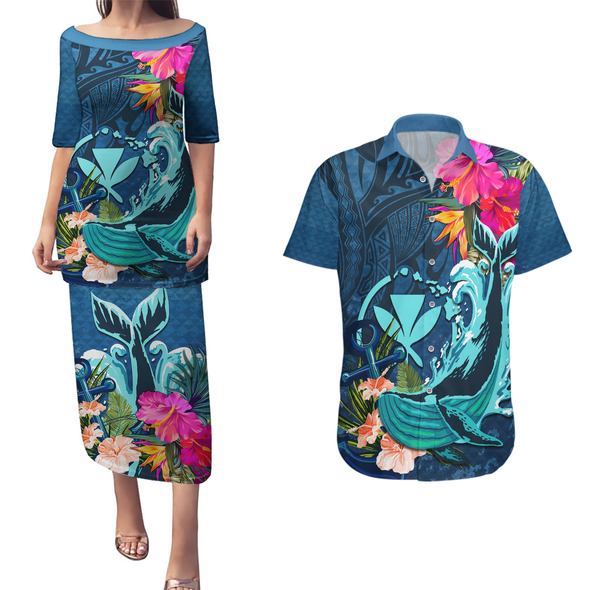 Hawaii Couples Matching Puletasi and Hawaiian Shirt Whale Mix Hibiscus and Kanaka Maoli Blue Version LT03 Blue - Polynesian Pride