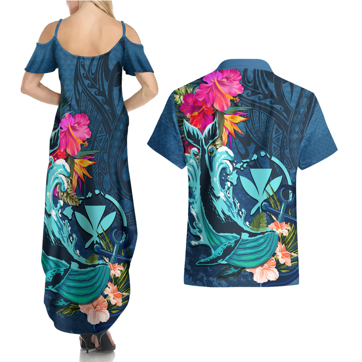 Hawaii Couples Matching Summer Maxi Dress and Hawaiian Shirt Whale Mix Hibiscus and Kanaka Maoli Blue Version LT03 - Polynesian Pride