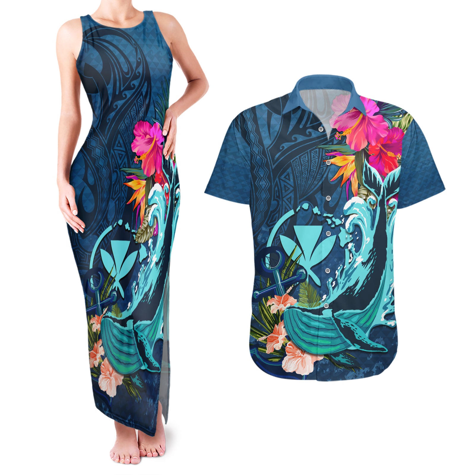 Hawaii Couples Matching Tank Maxi Dress and Hawaiian Shirt Whale Mix Hibiscus and Kanaka Maoli Blue Version LT03 Blue - Polynesian Pride