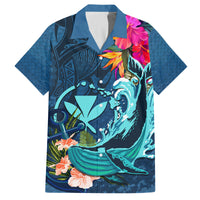 Hawaii Family Matching Long Sleeve Bodycon Dress and Hawaiian Shirt Whale Mix Hibiscus and Kanaka Maoli Blue Version LT03 Dad's Shirt - Short Sleeve Blue - Polynesian Pride