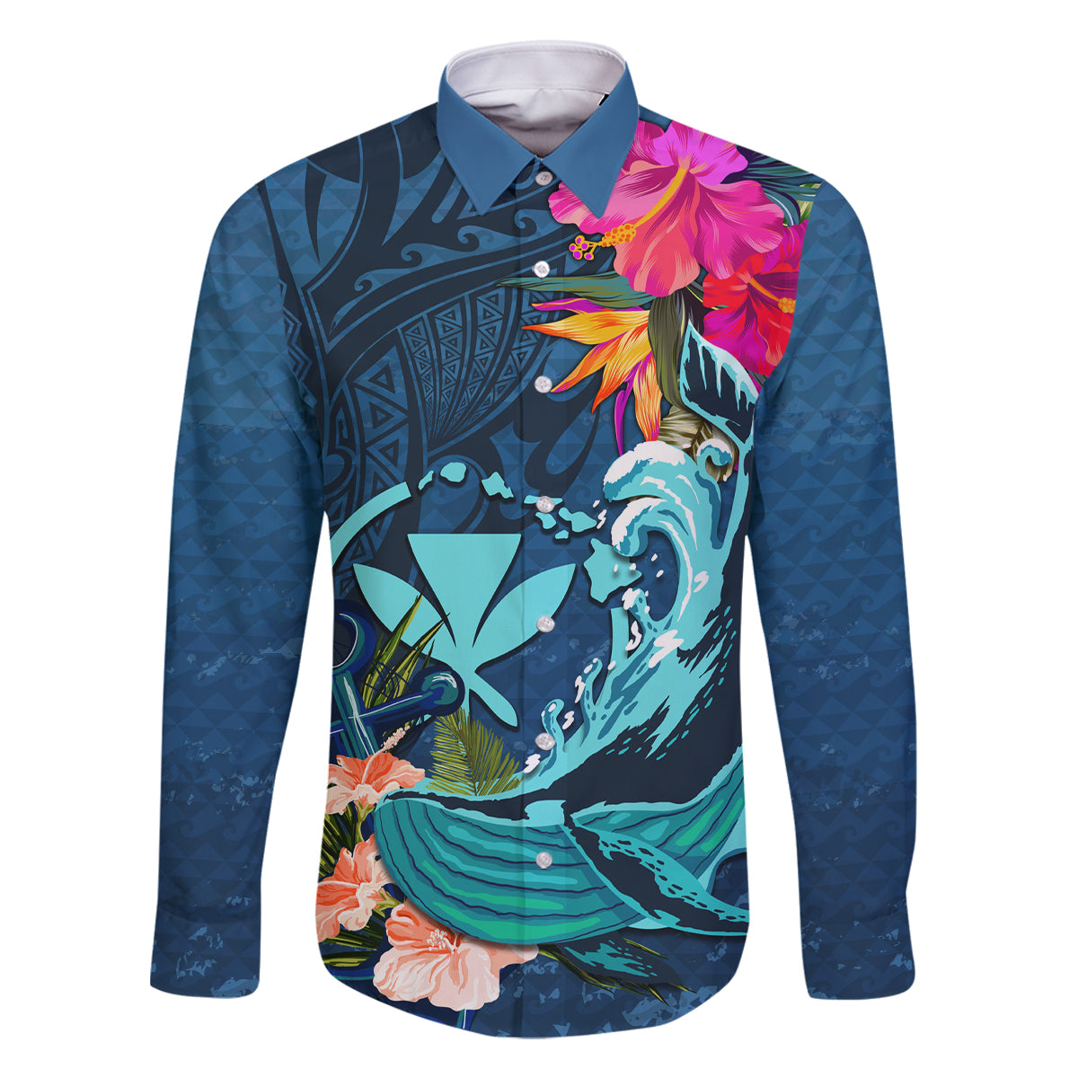 Hawaii Family Matching Mermaid Dress and Hawaiian Shirt Whale Mix Hibiscus and Kanaka Maoli Blue Version LT03 Dad's Shirt - Long Sleeve Blue - Polynesian Pride
