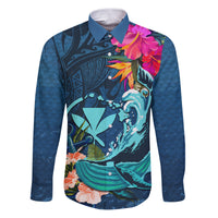 Hawaii Family Matching Puletasi and Hawaiian Shirt Whale Mix Hibiscus and Kanaka Maoli Blue Version LT03 Dad's Shirt - Long Sleeve Blue - Polynesian Pride