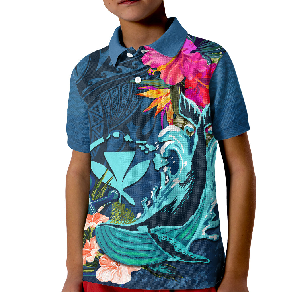 Hawaii Kid Polo Shirt Whale Mix Hibiscus and Kanaka Maoli Blue Version LT03 Kid Blue - Polynesian Pride