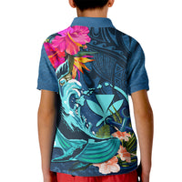 Hawaii Kid Polo Shirt Whale Mix Hibiscus and Kanaka Maoli Blue Version LT03 - Polynesian Pride