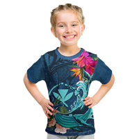 Hawaii Kid T Shirt Whale Mix Hibiscus and Kanaka Maoli Blue Version LT03 Blue - Polynesian Pride
