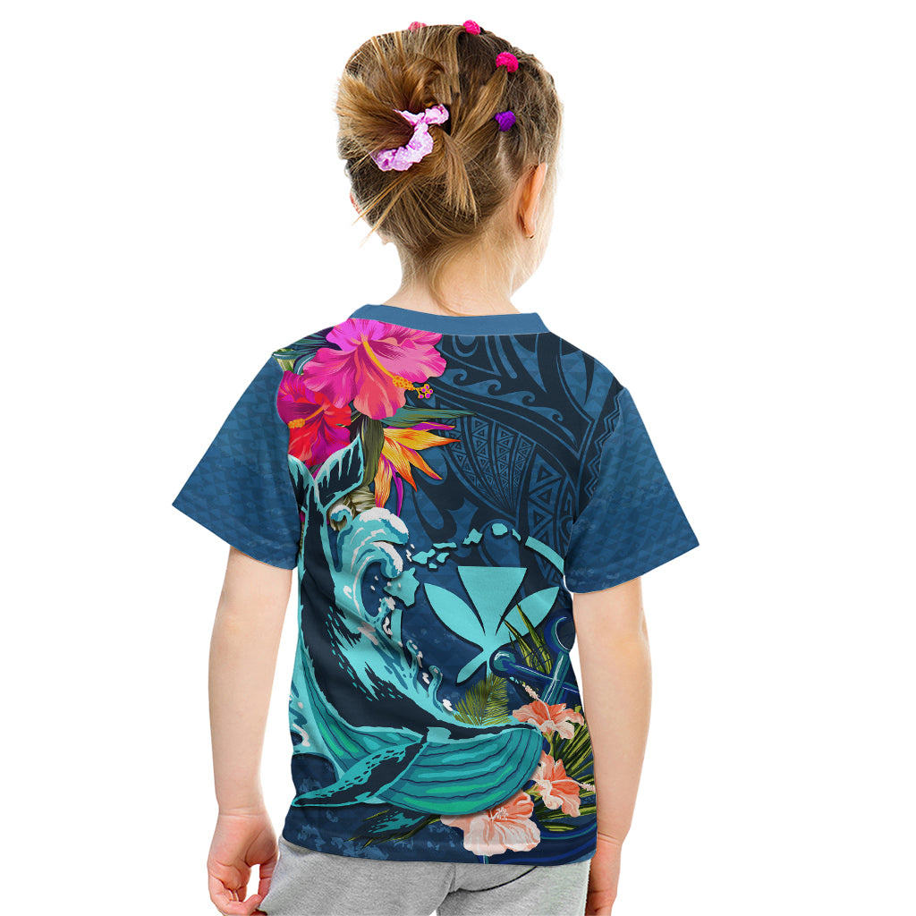 Hawaii Kid T Shirt Whale Mix Hibiscus and Kanaka Maoli Blue Version LT03 - Polynesian Pride