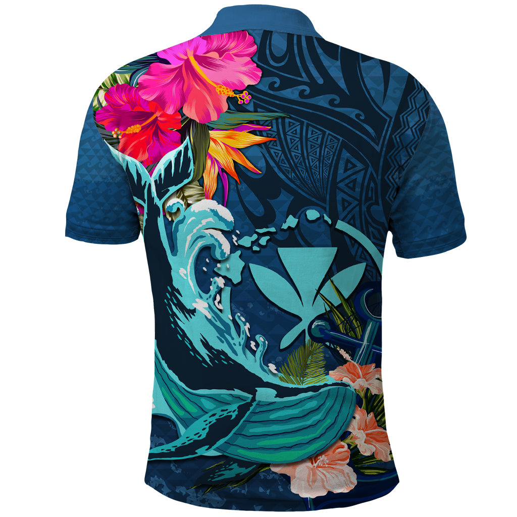Hawaii Polo Shirt Whale Mix Hibiscus and Kanaka Maoli Blue Version LT03 - Polynesian Pride