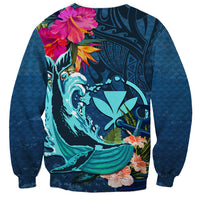 Hawaii Sweatshirt Whale Mix Hibiscus and Kanaka Maoli Blue Version LT03 - Polynesian Pride