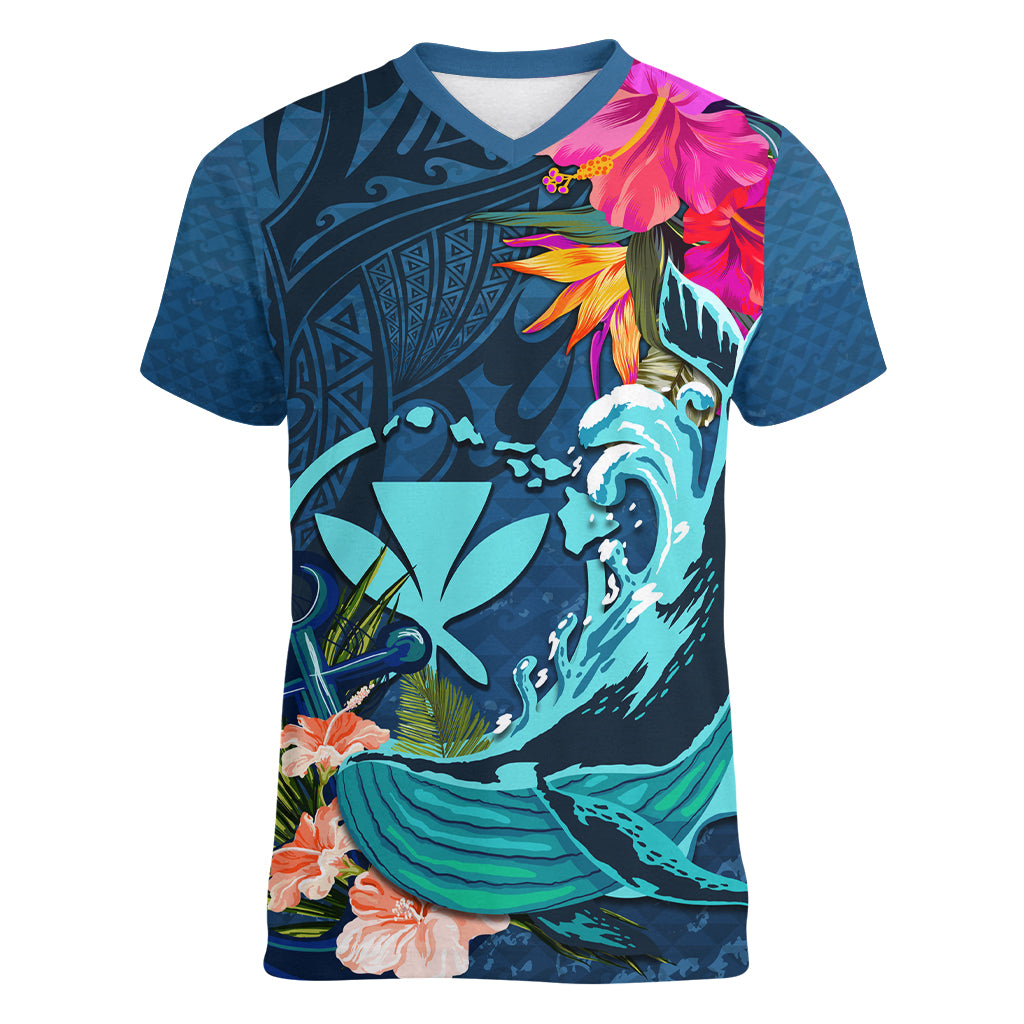 Hawaii Women V Neck T Shirt Whale Mix Hibiscus and Kanaka Maoli Blue Version LT03 Female Blue - Polynesian Pride