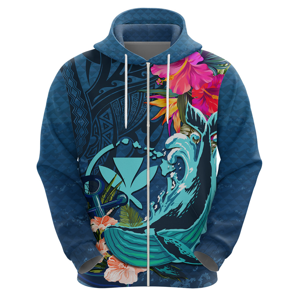 Hawaii Zip Hoodie Whale Mix Hibiscus and Kanaka Maoli Blue Version LT03 - Polynesian Pride