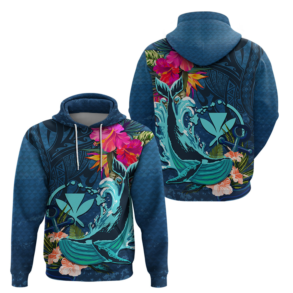 Hawaii Zip Hoodie Whale Mix Hibiscus and Kanaka Maoli Blue Version LT03 - Polynesian Pride