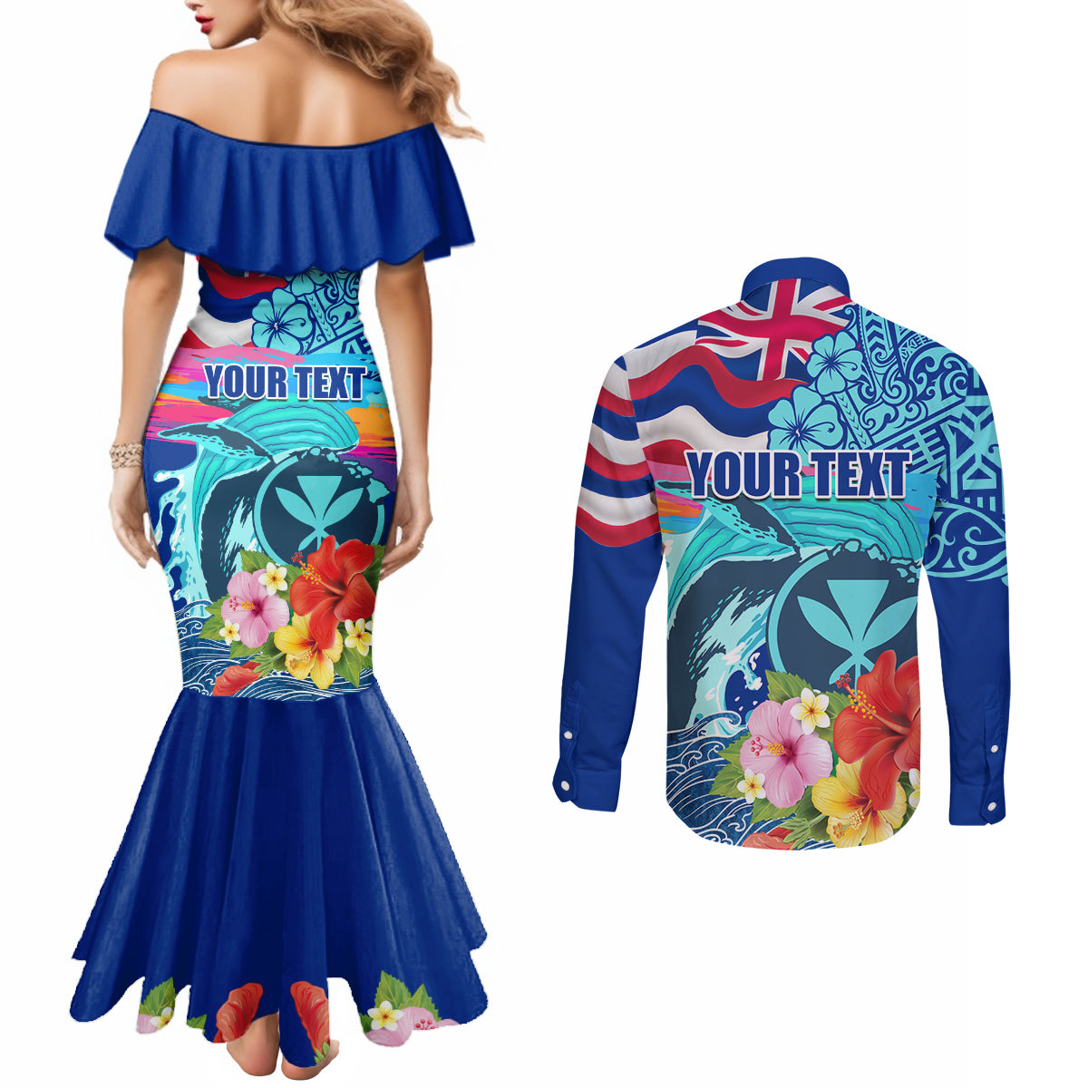Hawaii Race For Whales Couples Matching Mermaid Dress and Long Sleeve Button Shirt Flag and Polynesian Hibiscus LT03 - Polynesian Pride